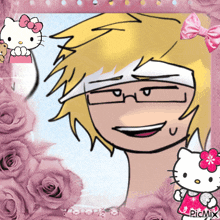 a cartoon of a girl with a bandage on her head is surrounded by pink roses