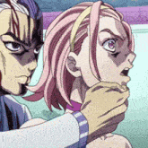 a cartoon of a man holding a woman 's mouth
