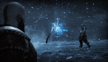 a man with a beard is standing in a dark room with a sword in his hand