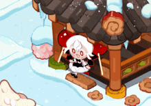 a cartoon character with white hair and red balloons is standing in front of a building