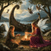 a painting of two fairies sitting around a fire