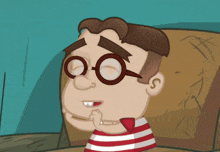 a cartoon character wearing glasses and a red and white striped shirt
