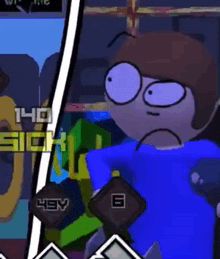a cartoon character in a blue shirt is standing in front of a screen with the number 140 on it .
