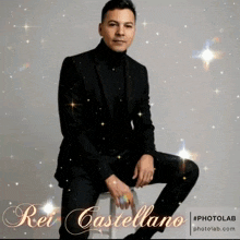 a man in a suit sits on a stool with the name rei castellano on the bottom right