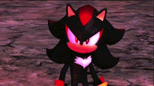 shadow the hedgehog from the video game sonic the hedgehog is standing on a rocky surface with his eyes glowing red .