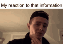 a man in a baseball cap is making a funny face with the caption my reaction to that information .