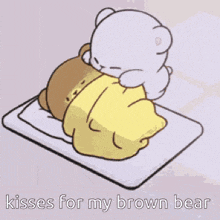 a cartoon of a teddy bear laying on a bed with the caption kisses for my brown bear .