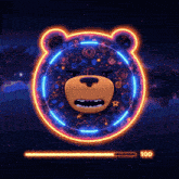 a teddy bear is surrounded by a glowing circle and the number 100 is on the bottom