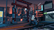 a pixel art of a city with a sign that says jr on it