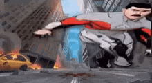 a cartoon of a man in a superhero costume jumping over a city street .