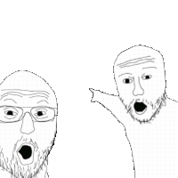 a black and white drawing of two men with glasses and a beard pointing at each other .