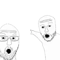 a black and white drawing of two men with glasses and a beard pointing at each other .