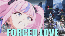 a screenshot of a video game with the words forced love at the top