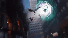 a group of people are flying through the air in front of buildings