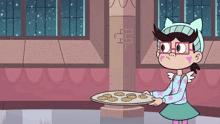 a cartoon girl with glasses and a mustache holds a plate of cookies