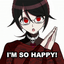 a girl with red eyes is wearing a red sweater with skulls and the words i 'm so happy