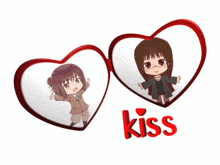 a couple of hearts with the word kiss in red letters