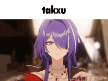 a picture of a girl with purple hair and the words takxu above her