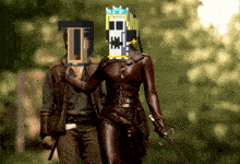 a man and a woman are walking in the woods with a pixelated face on the woman 's head