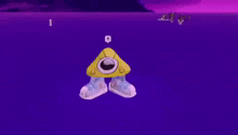a cartoon character is standing on a purple surface with a yellow triangle on its feet .