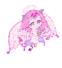 a cartoon character with pink hair and wings is holding a strawberry in her hand .