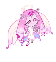 a cartoon character with pink hair and wings is holding a strawberry in her hand .