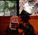 a collage of images shows a man holding a sword and another man holding a mask