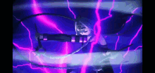 a person is holding a sword in a dark room with purple lightning coming out of the ceiling .