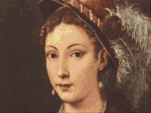 a painting of a woman wearing a hat with feathers on it