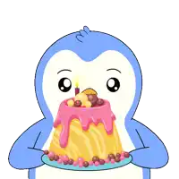 a blue penguin is holding a birthday cake with a candle on it