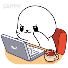 a cartoon of a seal sitting at a desk with a laptop and a cup of tea