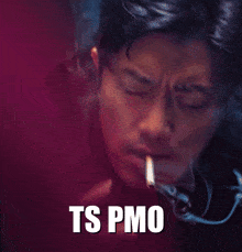 a man smoking a cigarette with the words ts pmo written below him