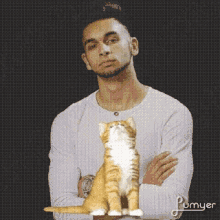 a man in a white shirt is holding an orange and white cat in his arms
