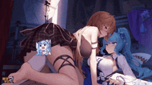 two anime girls are laying on a bed with the number 2 in the corner