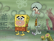 spongebob and squidward are standing next to each other in a cartoon scene