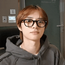 a young man wearing glasses and a grey hoodie is looking at the camera .