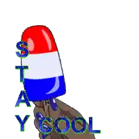 a hand is holding a red white and blue popsicle with the words stay cool written below it