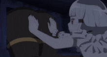 a girl with white hair is standing next to a person