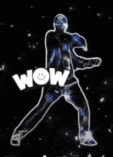 a drawing of a man dancing with the word wow above him