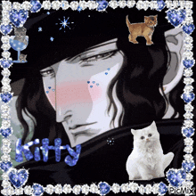 a picture of a man with cats and the word kitty in the corner