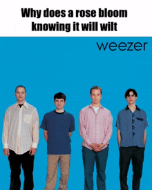 a group of men standing next to each other in front of a blue background with weezer written on the bottom