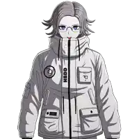 a drawing of a girl with glasses and a jacket that says hbdd on it