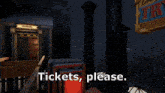 a staircase with the words " tickets please " written on it