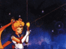 a painting of sailor moon flying through the air with a crescent moon behind her .