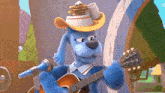 a blue dog with a cowboy hat is playing a guitar