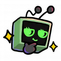 a cartoon drawing of a green box with a black face and green eyes