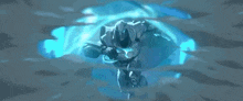 a cartoon character is holding a sword in his hand in a blue lightning storm .