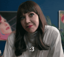 a woman wearing a white turtleneck and red lipstick has the number 3 written on her face