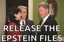 two men and a woman are standing next to each other with the words release the epstein files above them