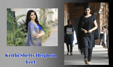 a picture of a woman with the words krithi shetty height in feet below it